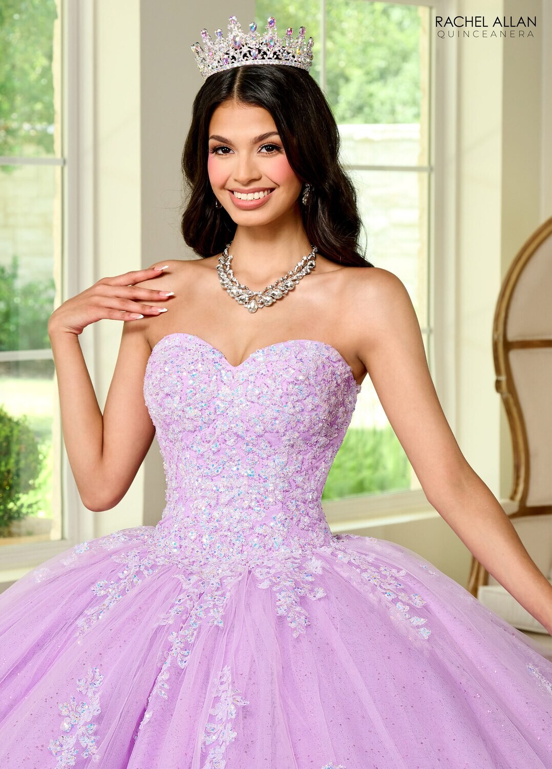RQ1131 TULLE, GLITTER TULLE, APPLIQUE BEADING Available In: BRIGHT PINK, LILAC IRIDESCENT, MINT IRIDESCENT