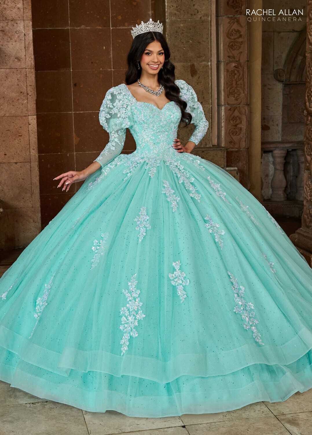 RQ1131 TULLE, GLITTER TULLE, APPLIQUE BEADING Available In: BRIGHT PINK, LILAC IRIDESCENT, MINT IRIDESCENT
