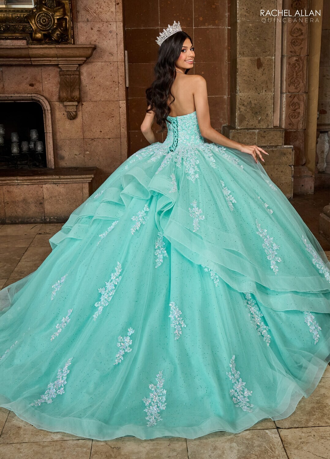 RQ1131 TULLE, GLITTER TULLE, APPLIQUE BEADING Available In: BRIGHT PINK, LILAC IRIDESCENT, MINT IRIDESCENT