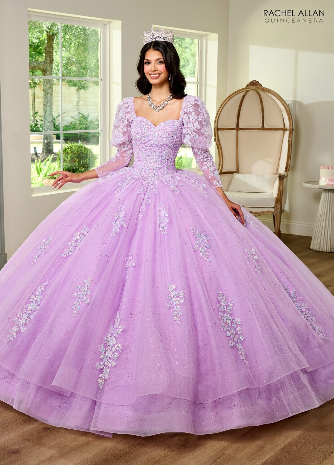 RQ1131 TULLE, GLITTER TULLE, APPLIQUE BEADING Available In: BRIGHT PINK, LILAC IRIDESCENT, MINT IRIDESCENT