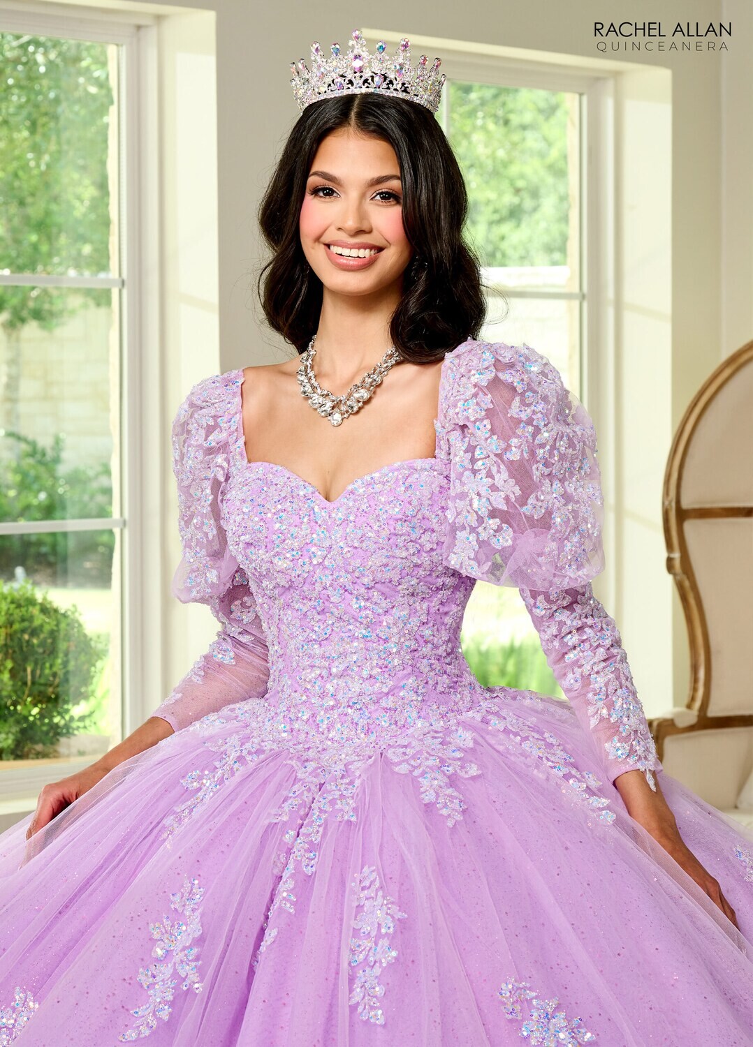 RQ1131 TULLE, GLITTER TULLE, APPLIQUE BEADING Available In: BRIGHT PINK, LILAC IRIDESCENT, MINT IRIDESCENT