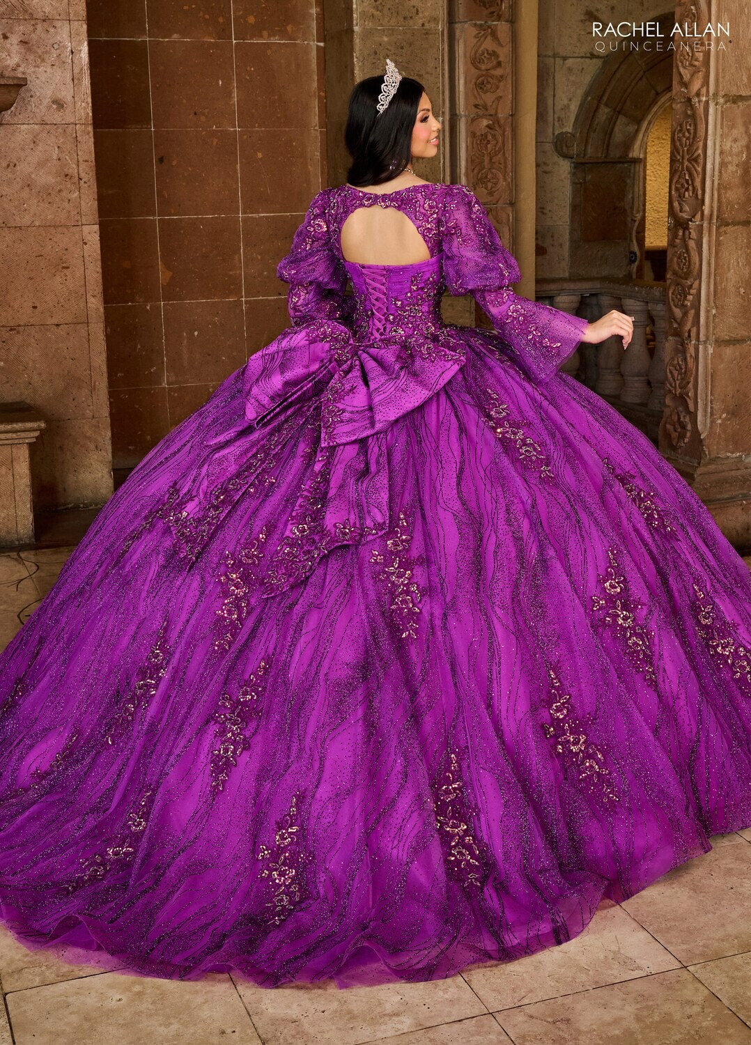 RQ1135 Fabric: 	TULLE, GLITTER TULLE, APPLIQUE, BEADING Available In: 	BRIGHT PINK, PURPLE, RED