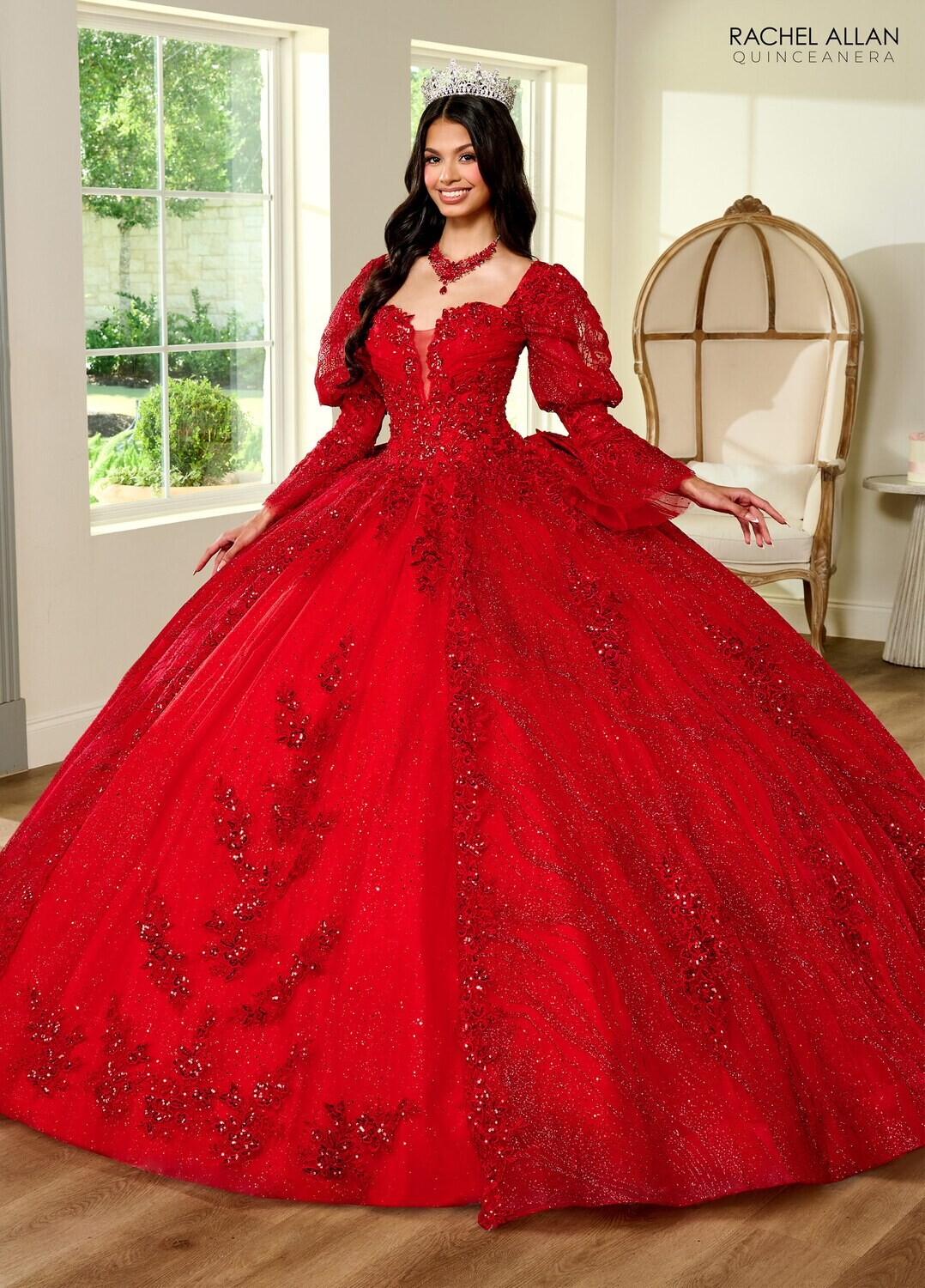 RQ1135 Fabric: 	TULLE, GLITTER TULLE, APPLIQUE, BEADING Available In: 	BRIGHT PINK, PURPLE, RED