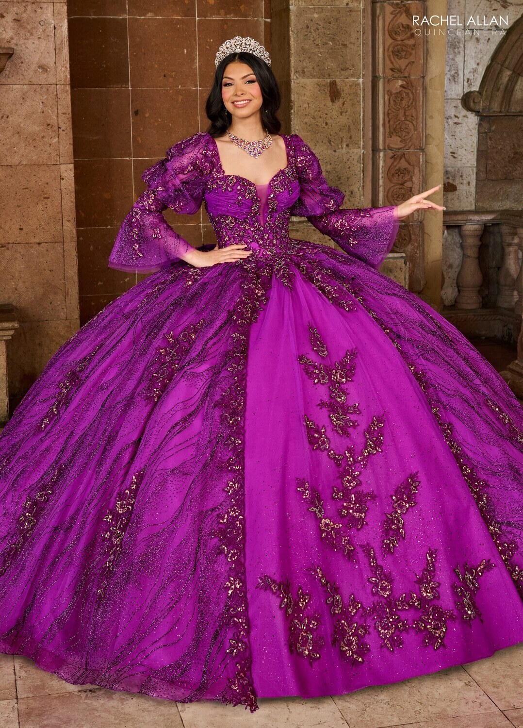 RQ1135 Fabric: 	TULLE, GLITTER TULLE, APPLIQUE, BEADING Available In: 	BRIGHT PINK, PURPLE, RED