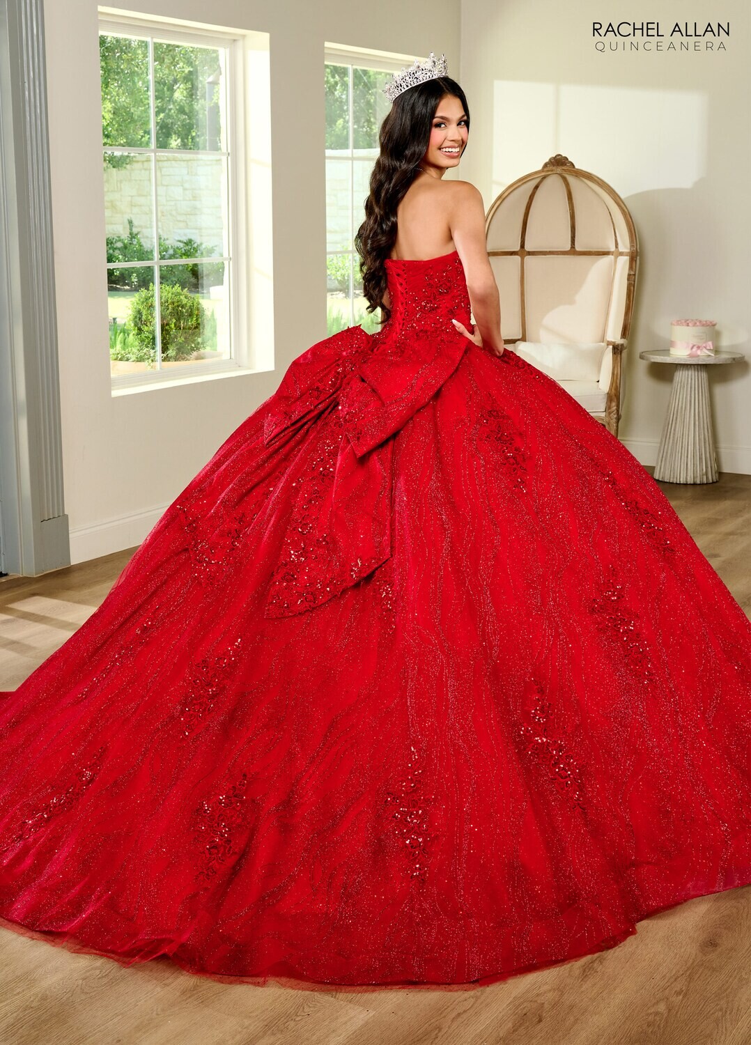 RQ1135 Fabric: 	TULLE, GLITTER TULLE, APPLIQUE, BEADING Available In: 	BRIGHT PINK, PURPLE, RED