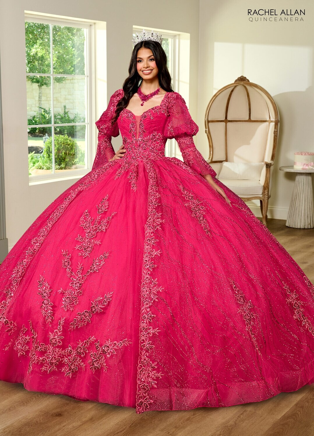 RQ1135 Fabric: 	TULLE, GLITTER TULLE, APPLIQUE, BEADING Available In: 	BRIGHT PINK, PURPLE, RED