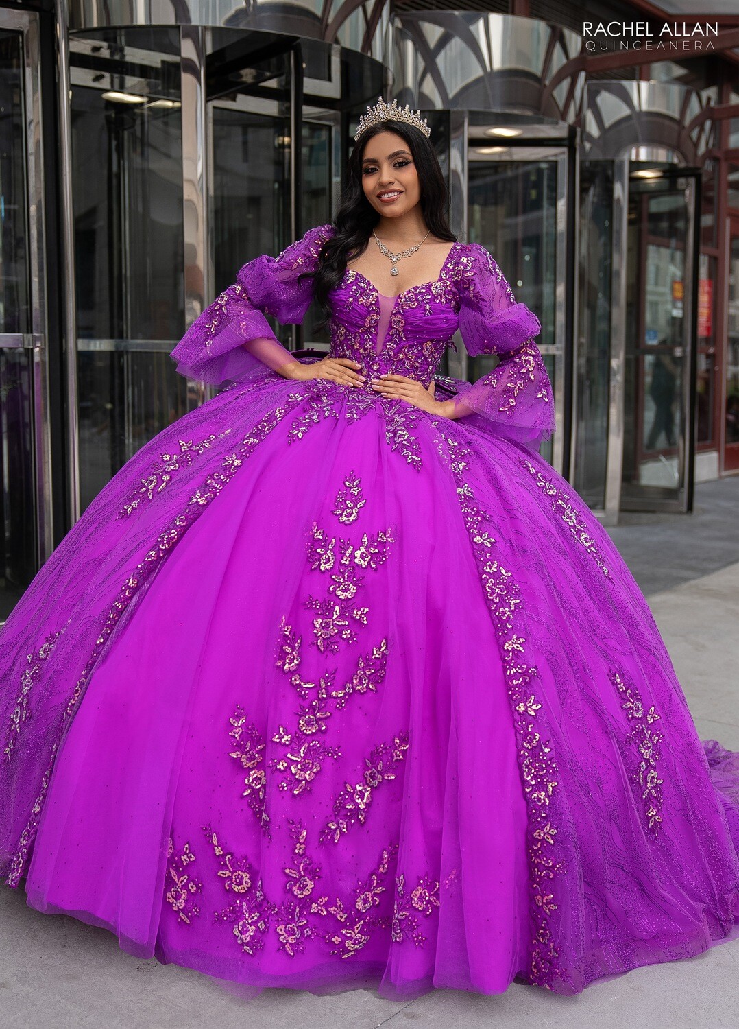 RQ1135 Fabric: 	TULLE, GLITTER TULLE, APPLIQUE, BEADING Available In: 	BRIGHT PINK, PURPLE, RED