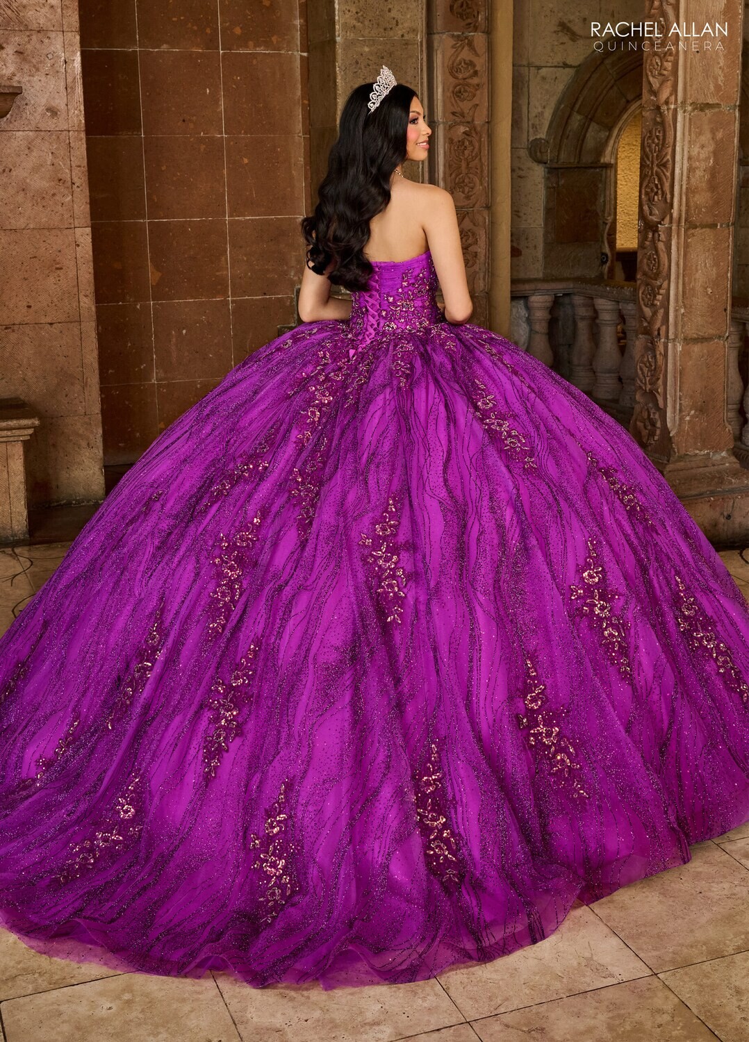RQ1135 Fabric: 	TULLE, GLITTER TULLE, APPLIQUE, BEADING Available In: 	BRIGHT PINK, PURPLE, RED
