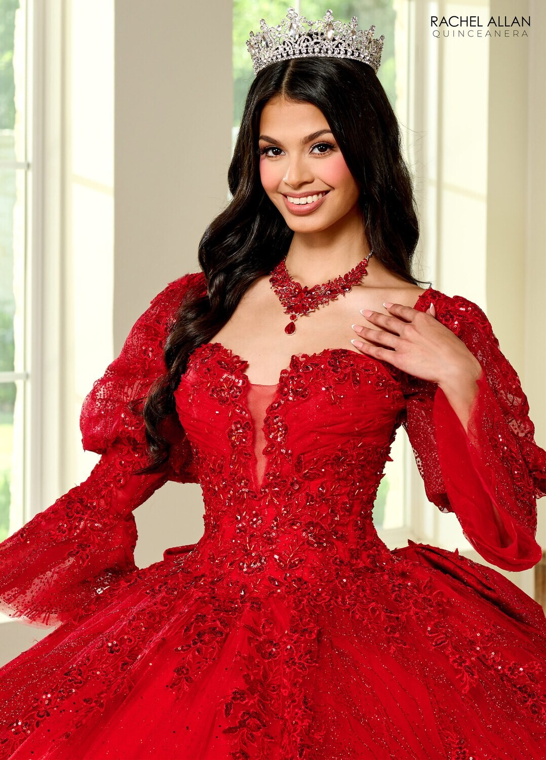 RQ1135 Fabric: 	TULLE, GLITTER TULLE, APPLIQUE, BEADING Available In: 	BRIGHT PINK, PURPLE, RED