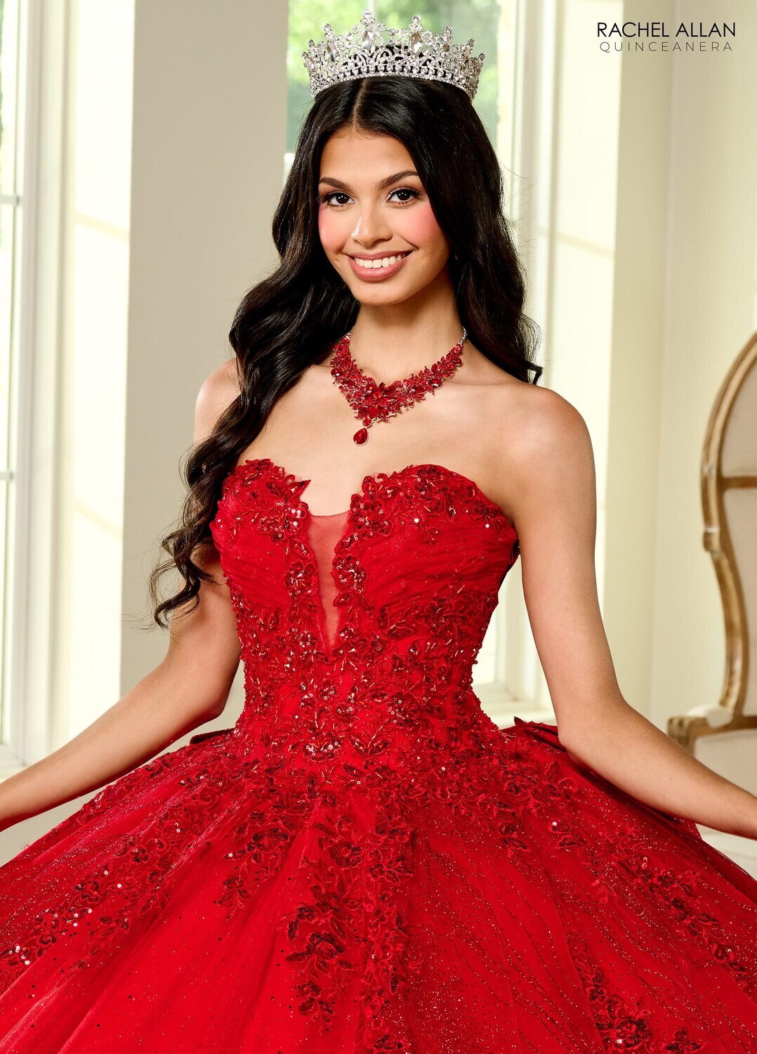 RQ1135 Fabric: 	TULLE, GLITTER TULLE, APPLIQUE, BEADING Available In: 	BRIGHT PINK, PURPLE, RED