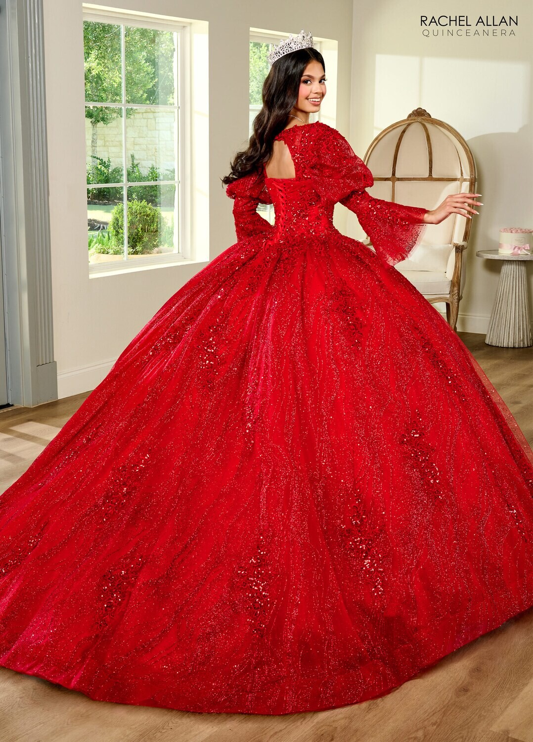 RQ1135 Fabric: 	TULLE, GLITTER TULLE, APPLIQUE, BEADING Available In: 	BRIGHT PINK, PURPLE, RED