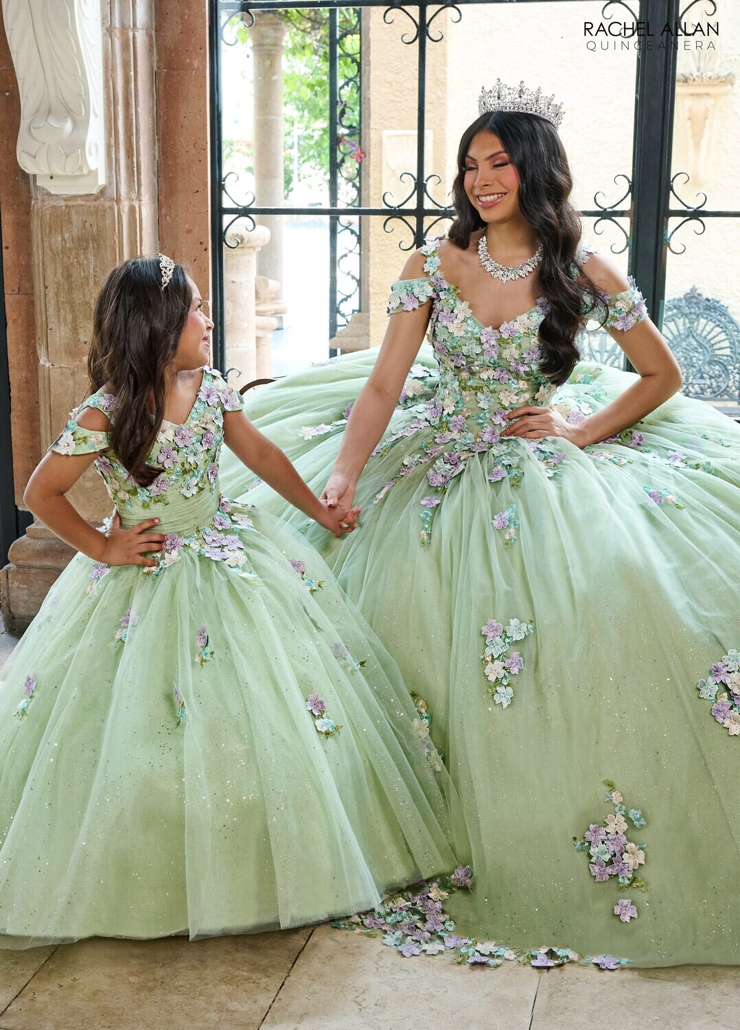 ​RQ4041 TULLE, GLITTER TULLE, APPLIQUE, BEADING, 3D FLOWERS Available In: CHAMPAGNE MULTI, SAGE MULTI