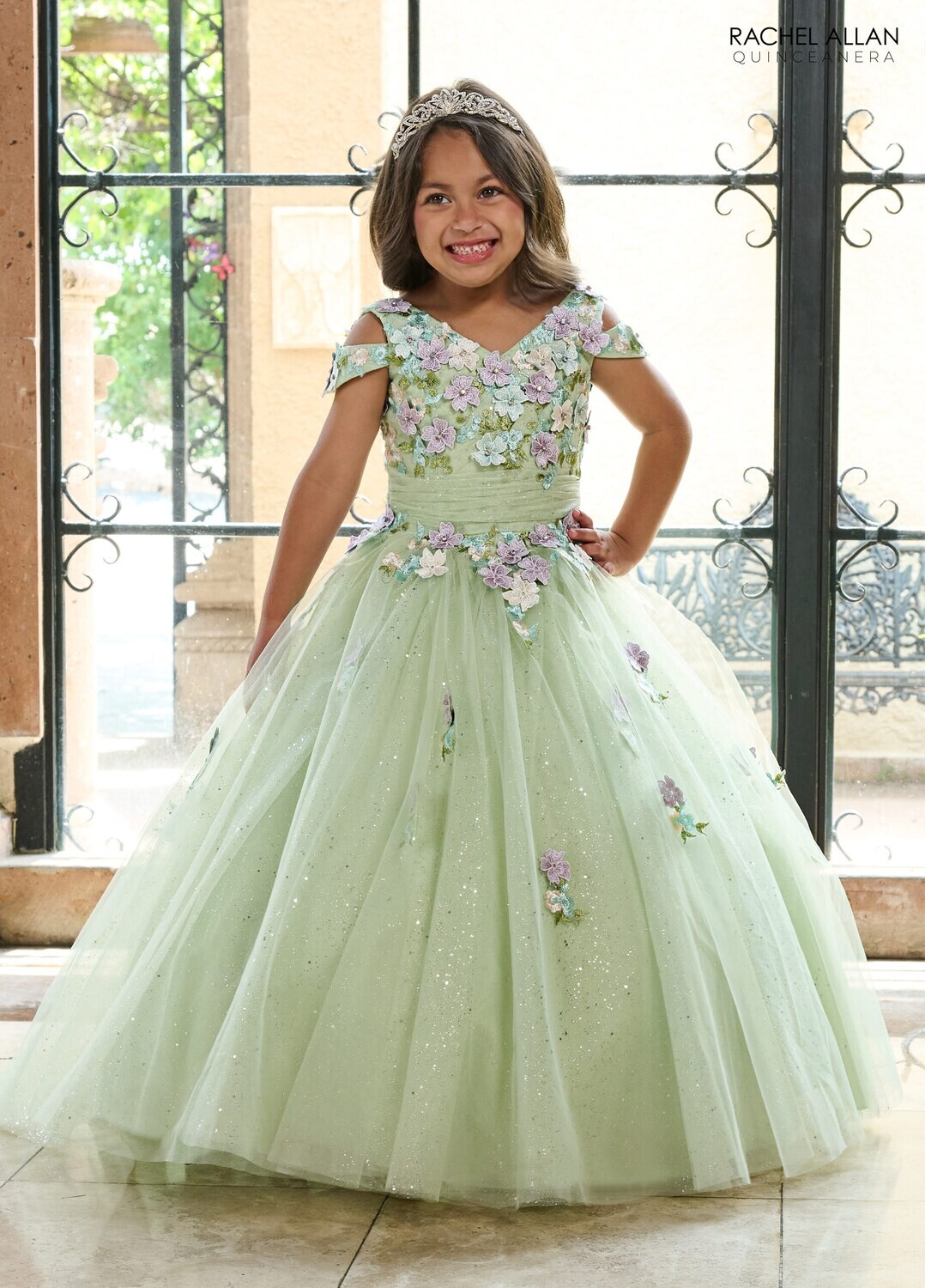 ​RQ4041 TULLE, GLITTER TULLE, APPLIQUE, BEADING, 3D FLOWERS Available In: CHAMPAGNE MULTI, SAGE MULTI