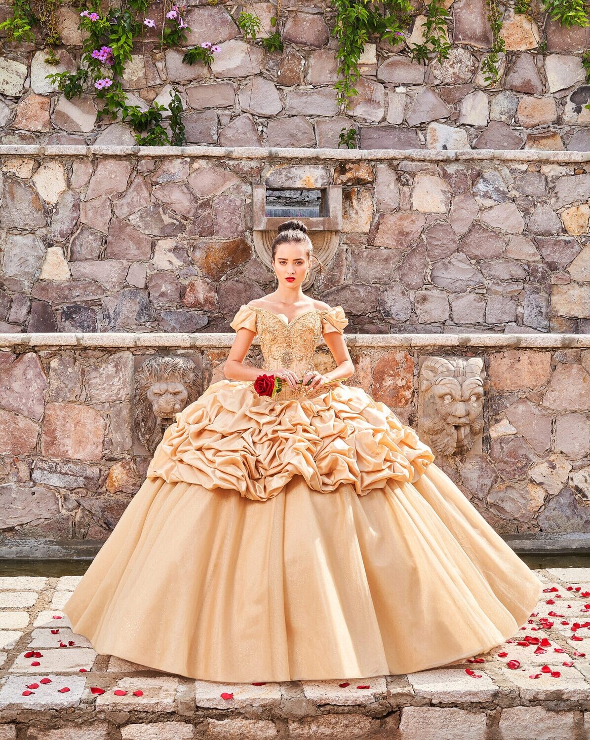D68 – 568 / GOLD OFF SHOULDER QUINCEANERA DRESS BY RAGAZZA