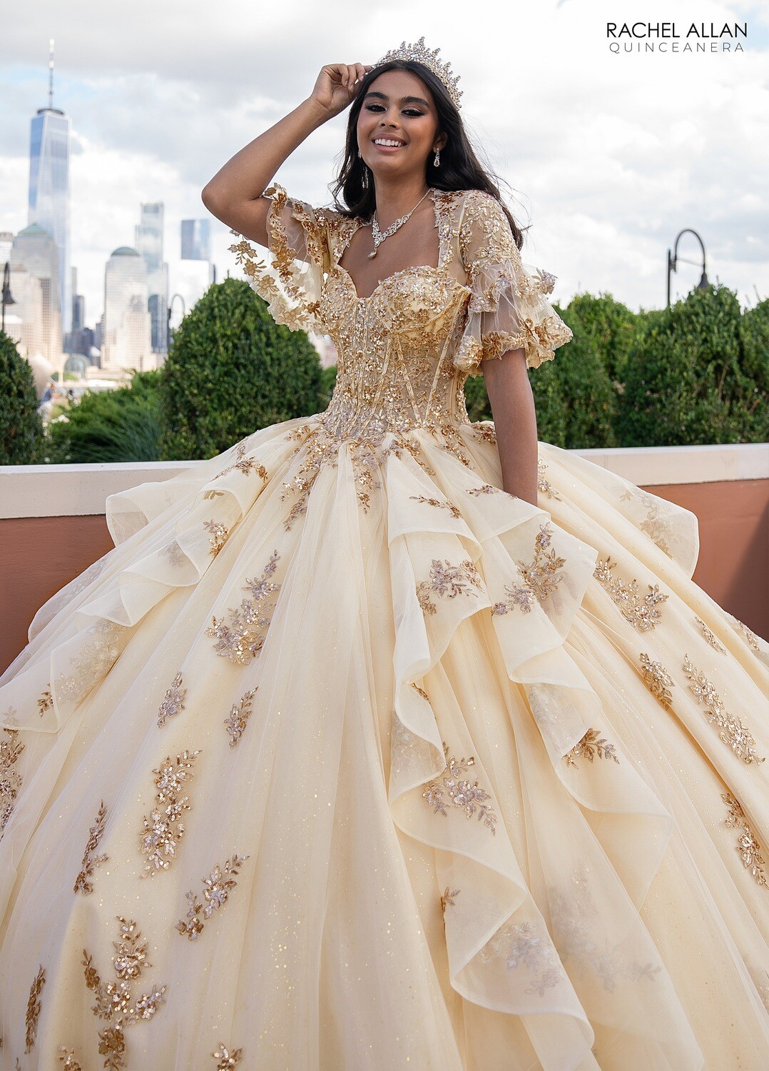 RQ1138 Fabric: 	TULLE, GLITTER TULLE, APPLIQUE, BEADING Available In: 	CHAMPAGNE ROSE GOLD, SAGE