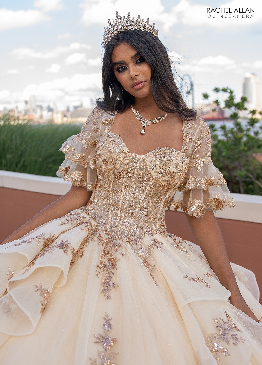RQ1138 Fabric: 	TULLE, GLITTER TULLE, APPLIQUE, BEADING Available In: 	CHAMPAGNE ROSE GOLD, SAGE