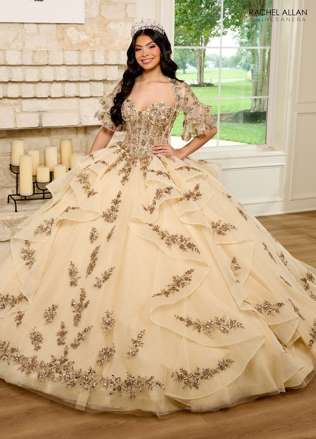 RQ1138 Fabric: 	TULLE, GLITTER TULLE, APPLIQUE, BEADING Available In: 	CHAMPAGNE ROSE GOLD, SAGE