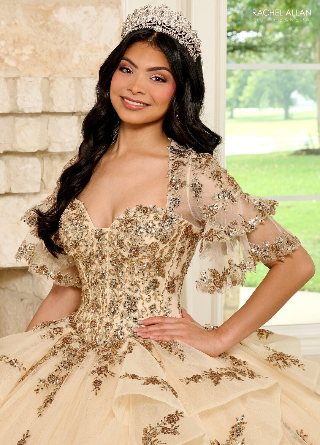 RQ1138 Fabric: 	TULLE, GLITTER TULLE, APPLIQUE, BEADING Available In: 	CHAMPAGNE ROSE GOLD, SAGE