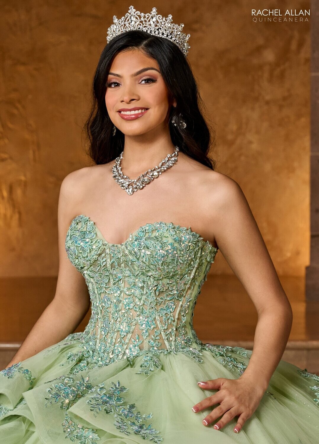 RQ1138 Fabric: 	TULLE, GLITTER TULLE, APPLIQUE, BEADING Available In: 	CHAMPAGNE ROSE GOLD, SAGE