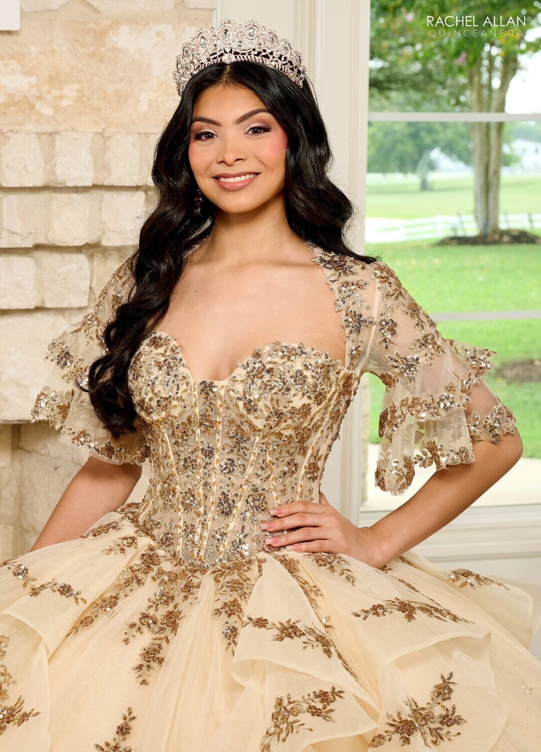 RQ1138 Fabric: 	TULLE, GLITTER TULLE, APPLIQUE, BEADING Available In: 	CHAMPAGNE ROSE GOLD, SAGE