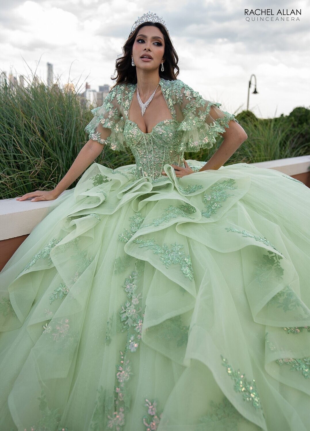 RQ1138 Fabric: 	TULLE, GLITTER TULLE, APPLIQUE, BEADING Available In: 	CHAMPAGNE ROSE GOLD, SAGE