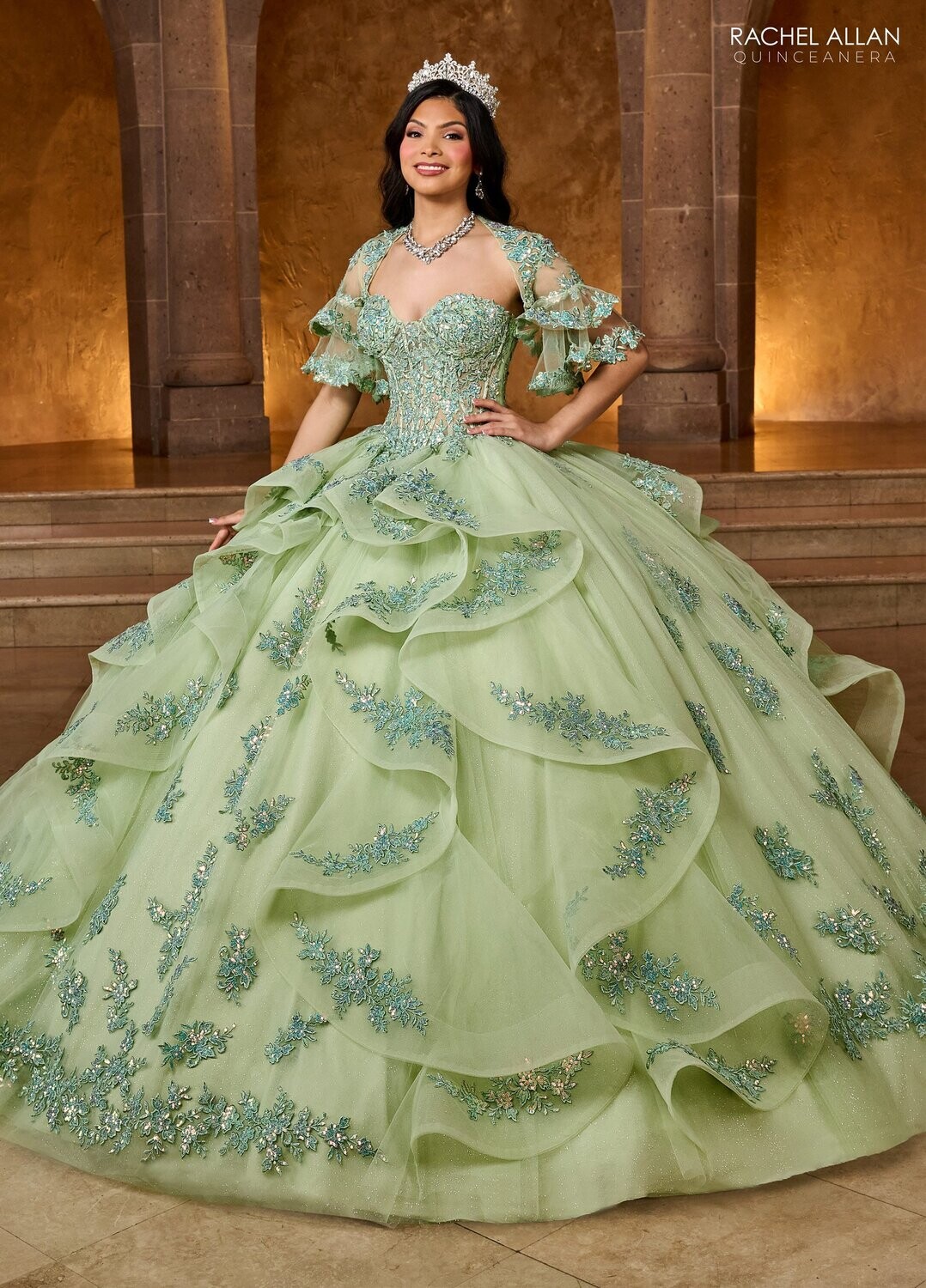 RQ1138 Fabric: 	TULLE, GLITTER TULLE, APPLIQUE, BEADING Available In: 	CHAMPAGNE ROSE GOLD, SAGE