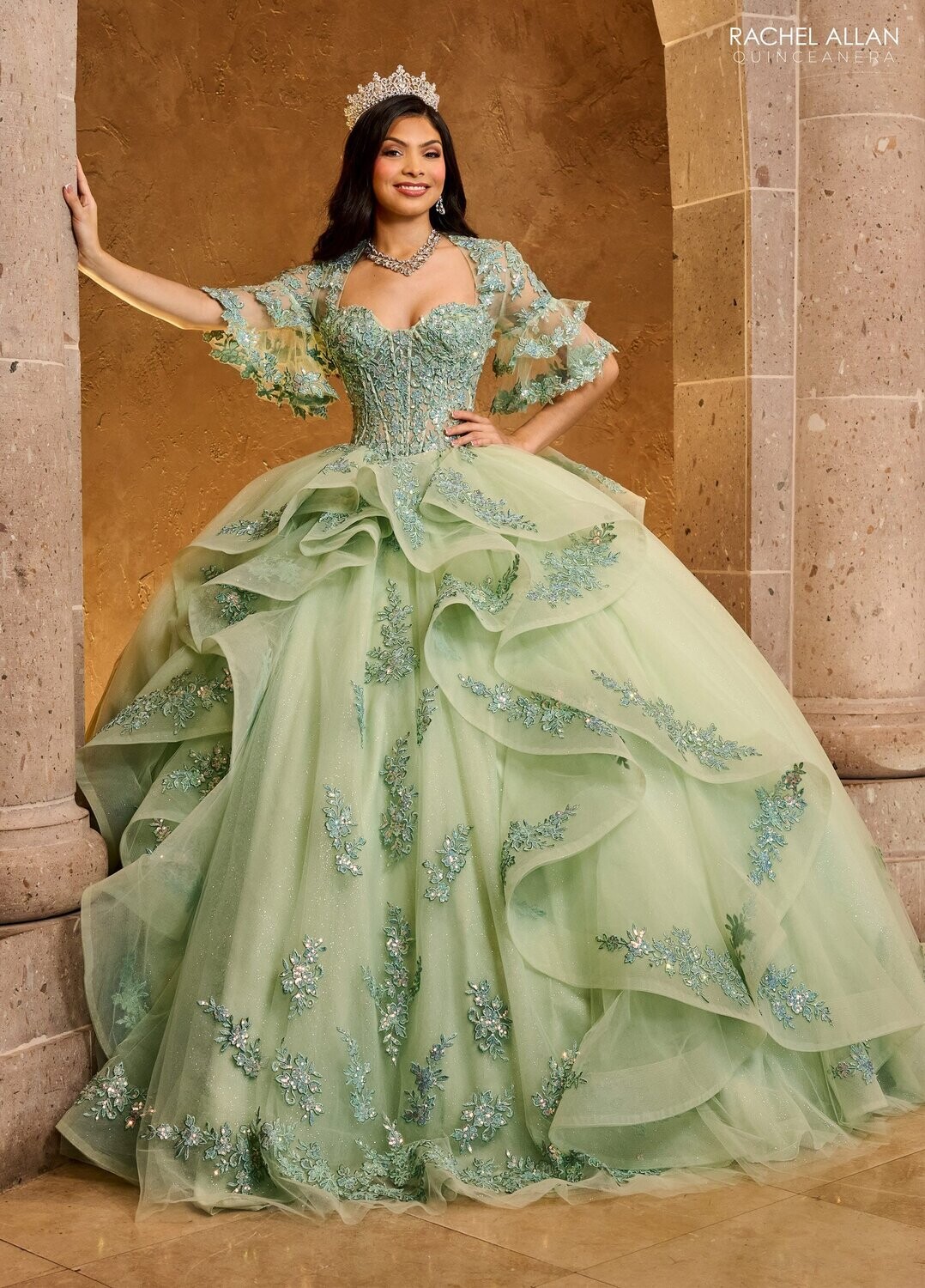 RQ1138 Fabric: 	TULLE, GLITTER TULLE, APPLIQUE, BEADING Available In: 	CHAMPAGNE ROSE GOLD, SAGE