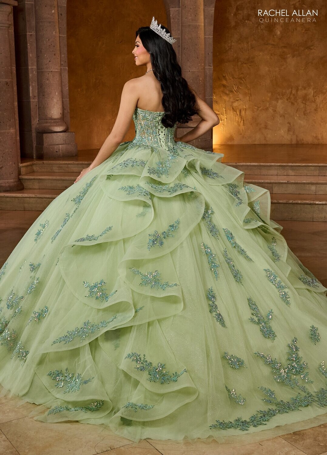 RQ1138 Fabric: 	TULLE, GLITTER TULLE, APPLIQUE, BEADING Available In: 	CHAMPAGNE ROSE GOLD, SAGE