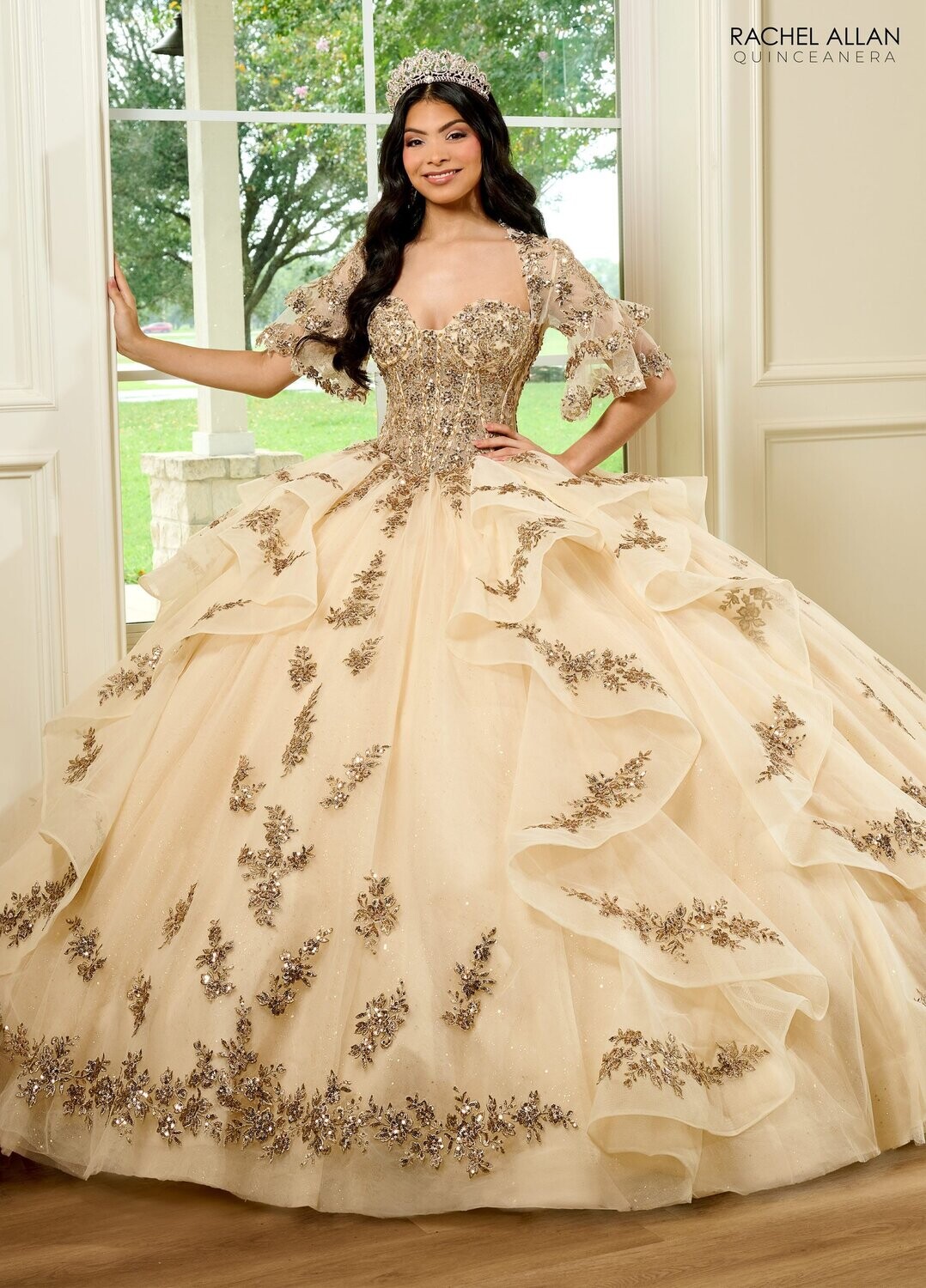RQ1138 Fabric: 	TULLE, GLITTER TULLE, APPLIQUE, BEADING Available In: 	CHAMPAGNE ROSE GOLD, SAGE