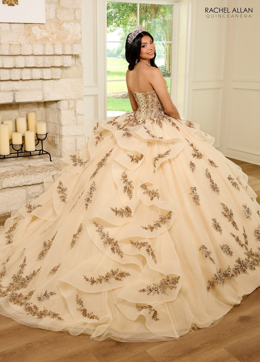 RQ1138 Fabric: 	TULLE, GLITTER TULLE, APPLIQUE, BEADING Available In: 	CHAMPAGNE ROSE GOLD, SAGE