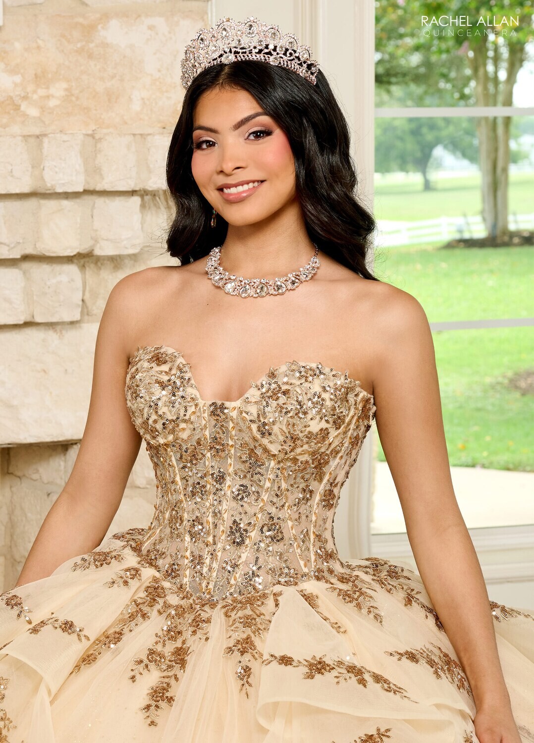 RQ1138 Fabric: 	TULLE, GLITTER TULLE, APPLIQUE, BEADING Available In: 	CHAMPAGNE ROSE GOLD, SAGE
