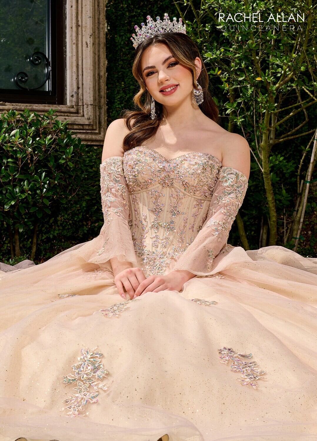 RQ1120 Fabric: TULLE, GLITTER TULLE, APPLIQUE,BEADING Available In: 	BLUSH CHAMPAGNE, LILAC AQUA