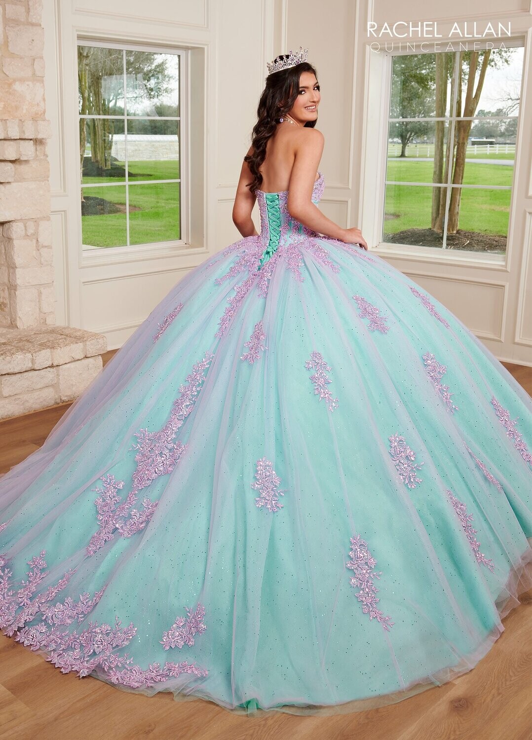 RQ1120 Fabric: TULLE, GLITTER TULLE, APPLIQUE,BEADING Available In: 	BLUSH CHAMPAGNE, LILAC AQUA