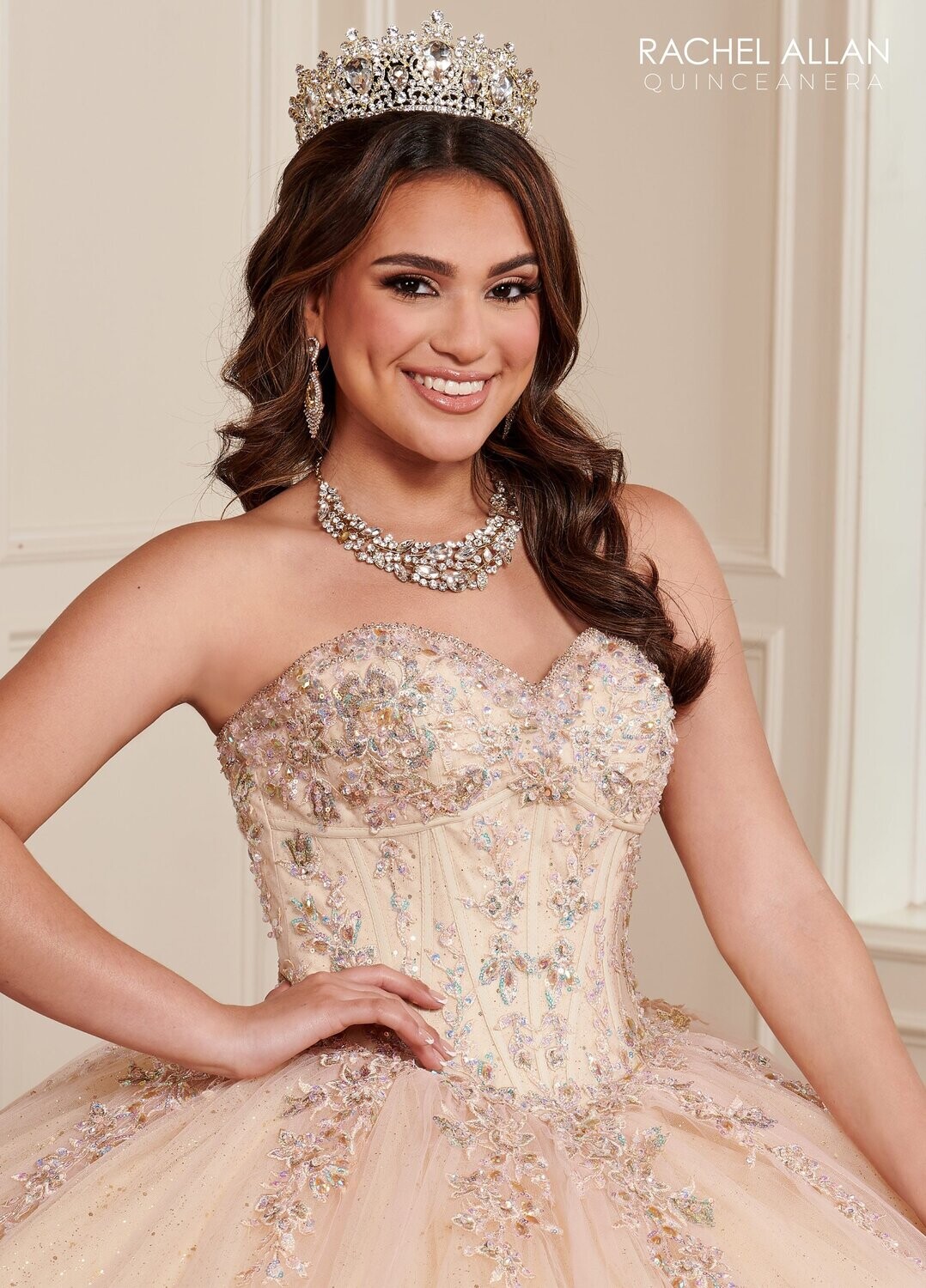 RQ1120 Fabric: TULLE, GLITTER TULLE, APPLIQUE,BEADING Available In: 	BLUSH CHAMPAGNE, LILAC AQUA