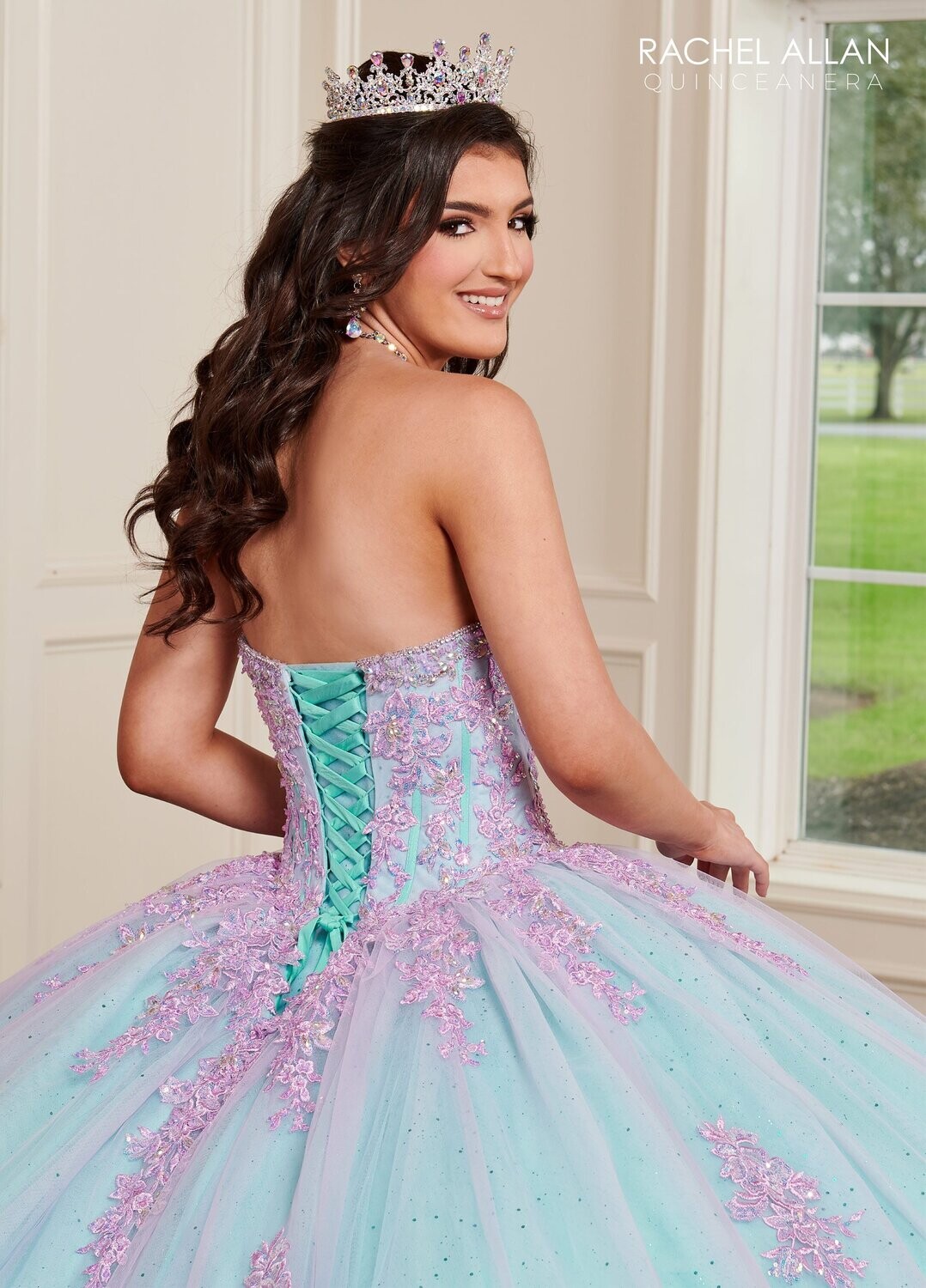 RQ1120 Fabric: TULLE, GLITTER TULLE, APPLIQUE,BEADING Available In: 	BLUSH CHAMPAGNE, LILAC AQUA
