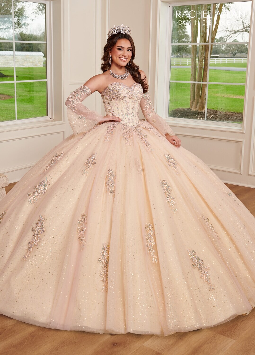 RQ1120 Fabric: TULLE, GLITTER TULLE, APPLIQUE,BEADING Available In: 	BLUSH CHAMPAGNE, LILAC AQUA