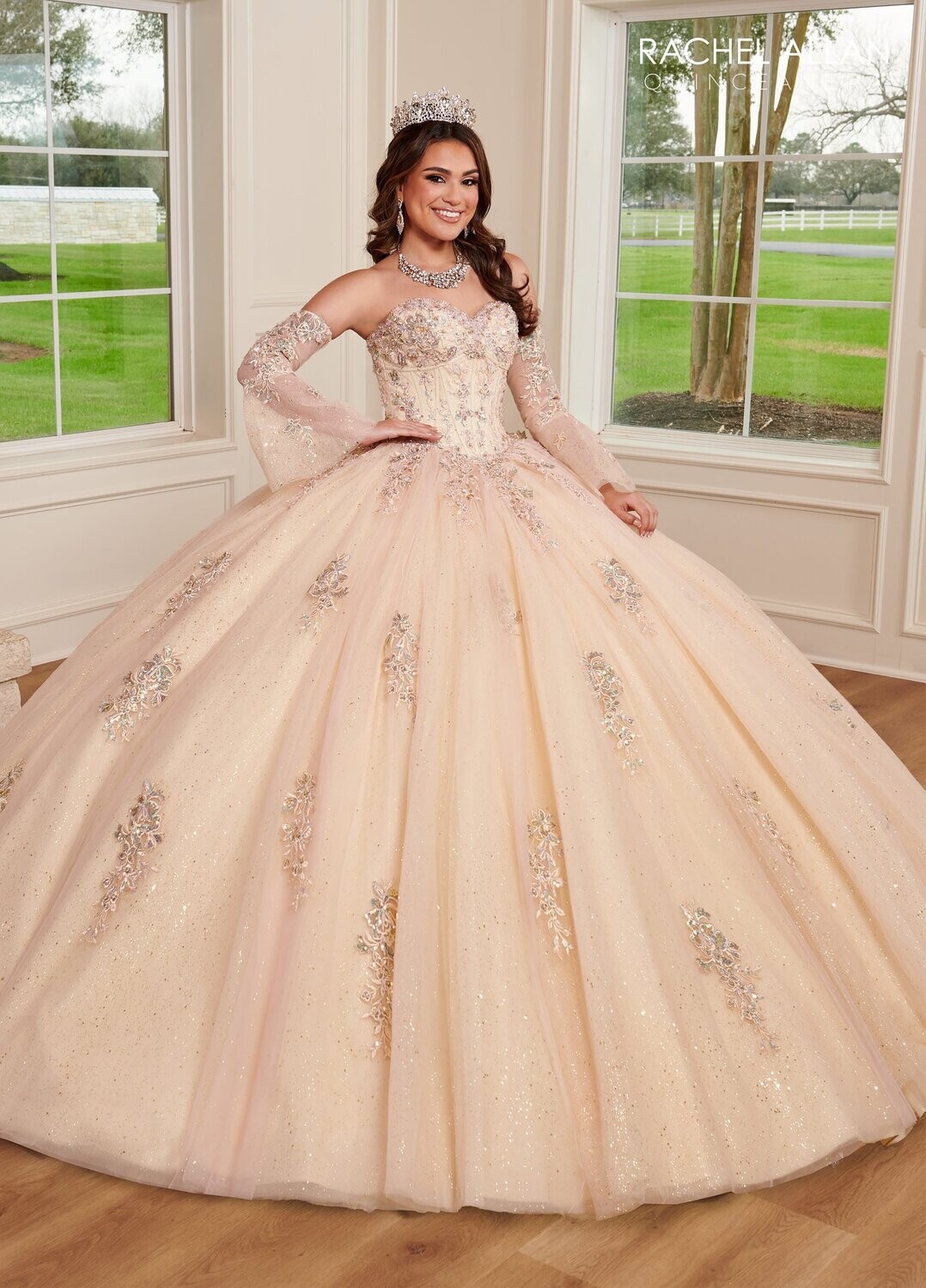RQ1120 Fabric: TULLE, GLITTER TULLE, APPLIQUE,BEADING Available In: 	BLUSH CHAMPAGNE, LILAC AQUA