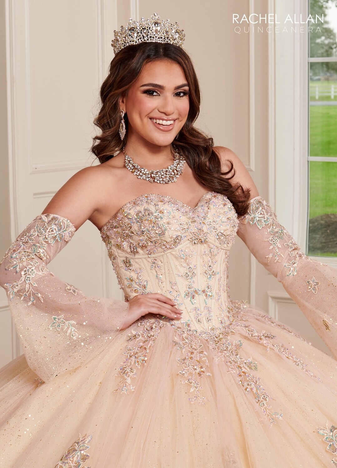 RQ1120 Fabric: TULLE, GLITTER TULLE, APPLIQUE,BEADING Available In: 	BLUSH CHAMPAGNE, LILAC AQUA