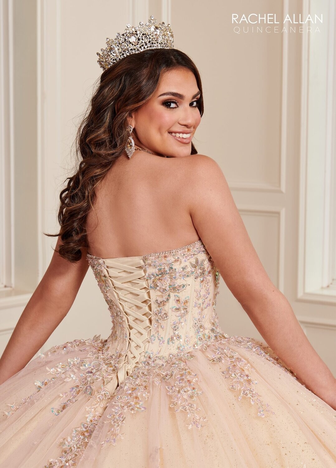 RQ1120 Fabric: TULLE, GLITTER TULLE, APPLIQUE,BEADING Available In: 	BLUSH CHAMPAGNE, LILAC AQUA