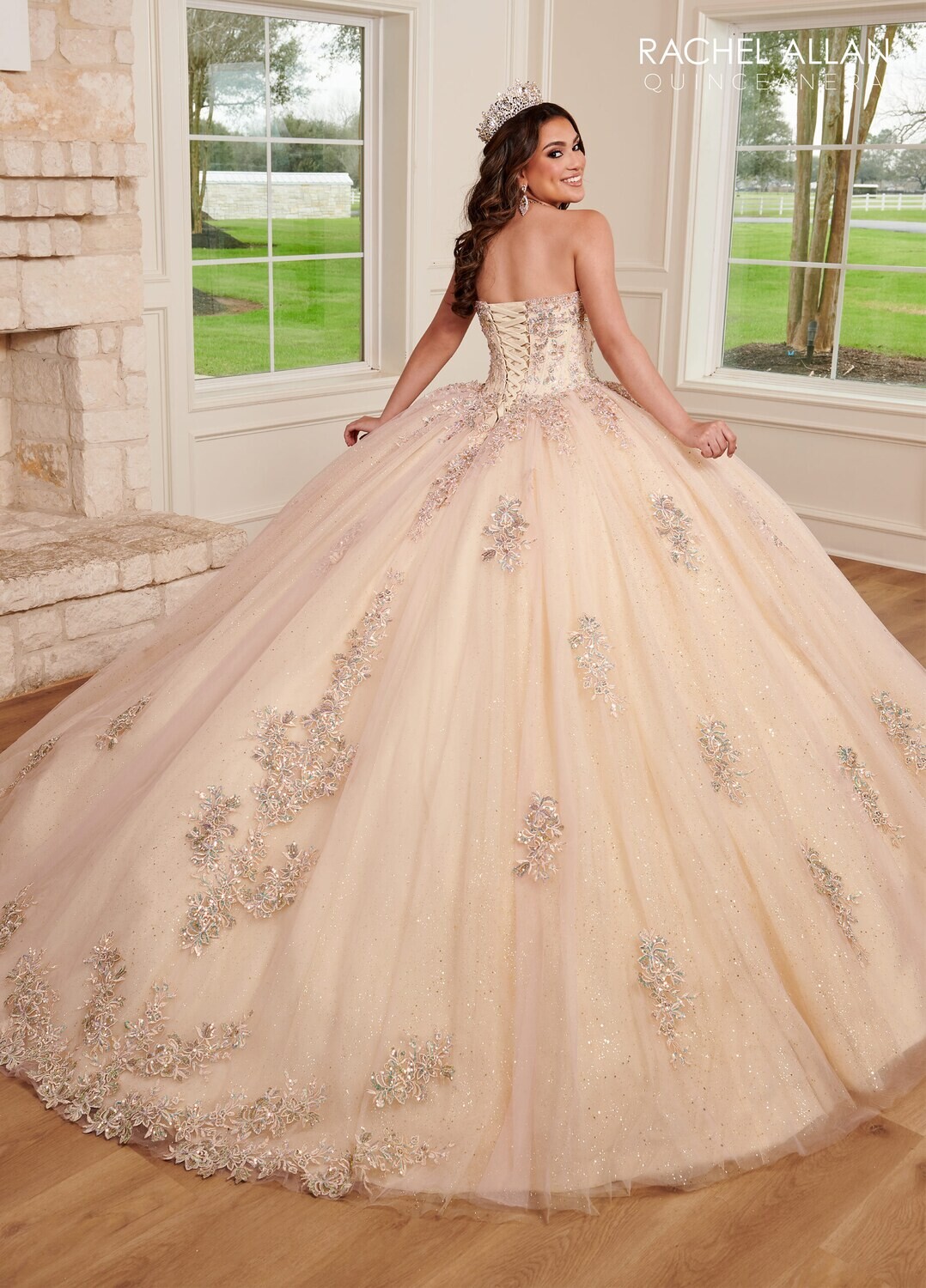 RQ1120 Fabric: TULLE, GLITTER TULLE, APPLIQUE,BEADING Available In: 	BLUSH CHAMPAGNE, LILAC AQUA