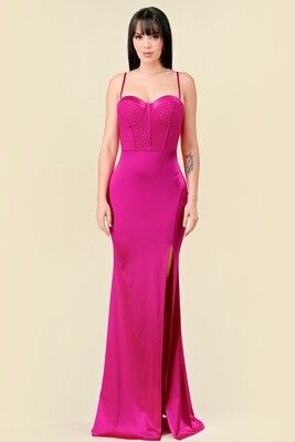 CD41123 Knit Satin Mesh w/ Stones Mermaid Maxi Dress