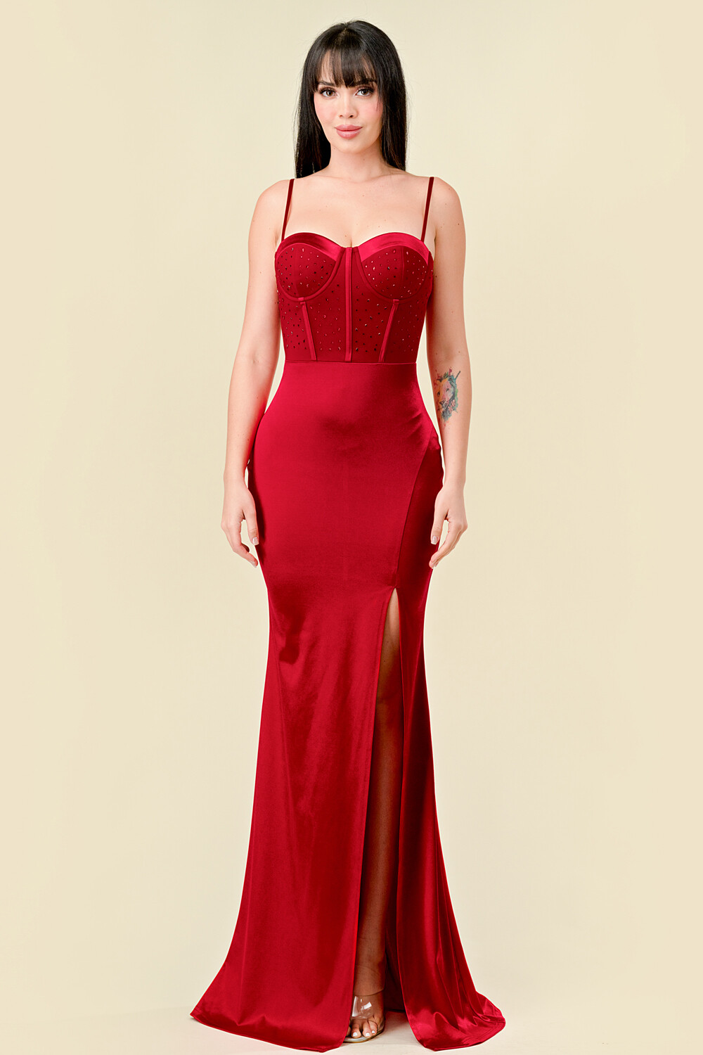 CD41123 Knit Satin Mesh w/ Stones Mermaid Maxi Dress