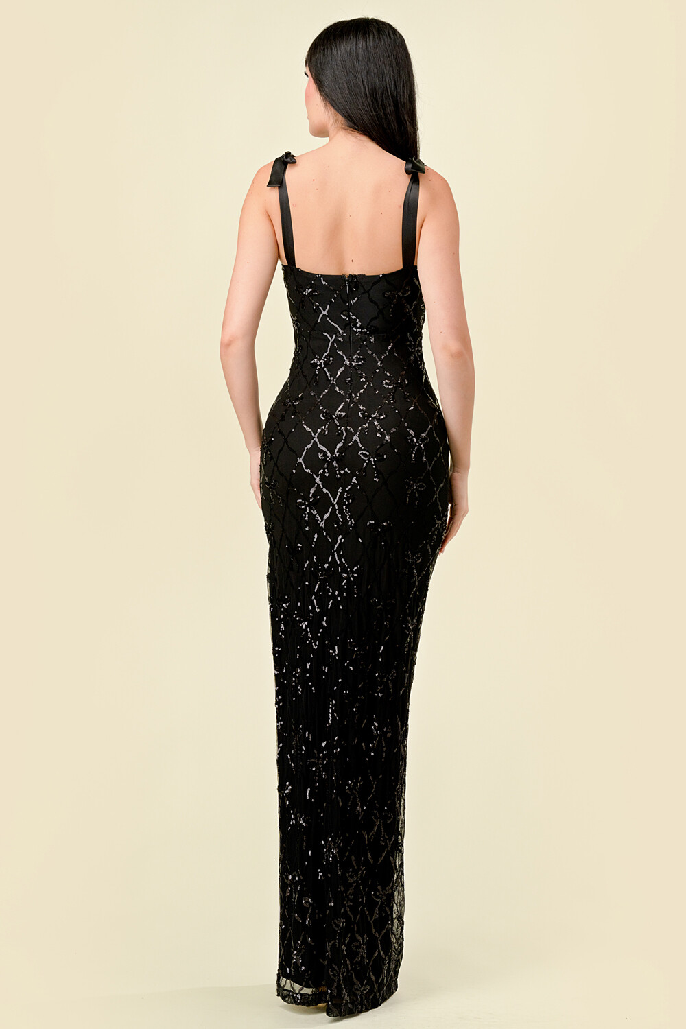 CD41232 Bow Sequin Bustier Slitted Maxi Dress Fabric: Sequin