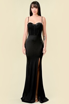 CD41123 Knit Satin Mesh w/ Stones Mermaid Maxi Dress