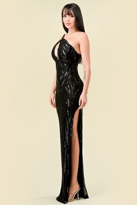 CD41230 Sequin Asymmetrical Cut-Out Bodycon Maxi Dress Fabric:	Sequin