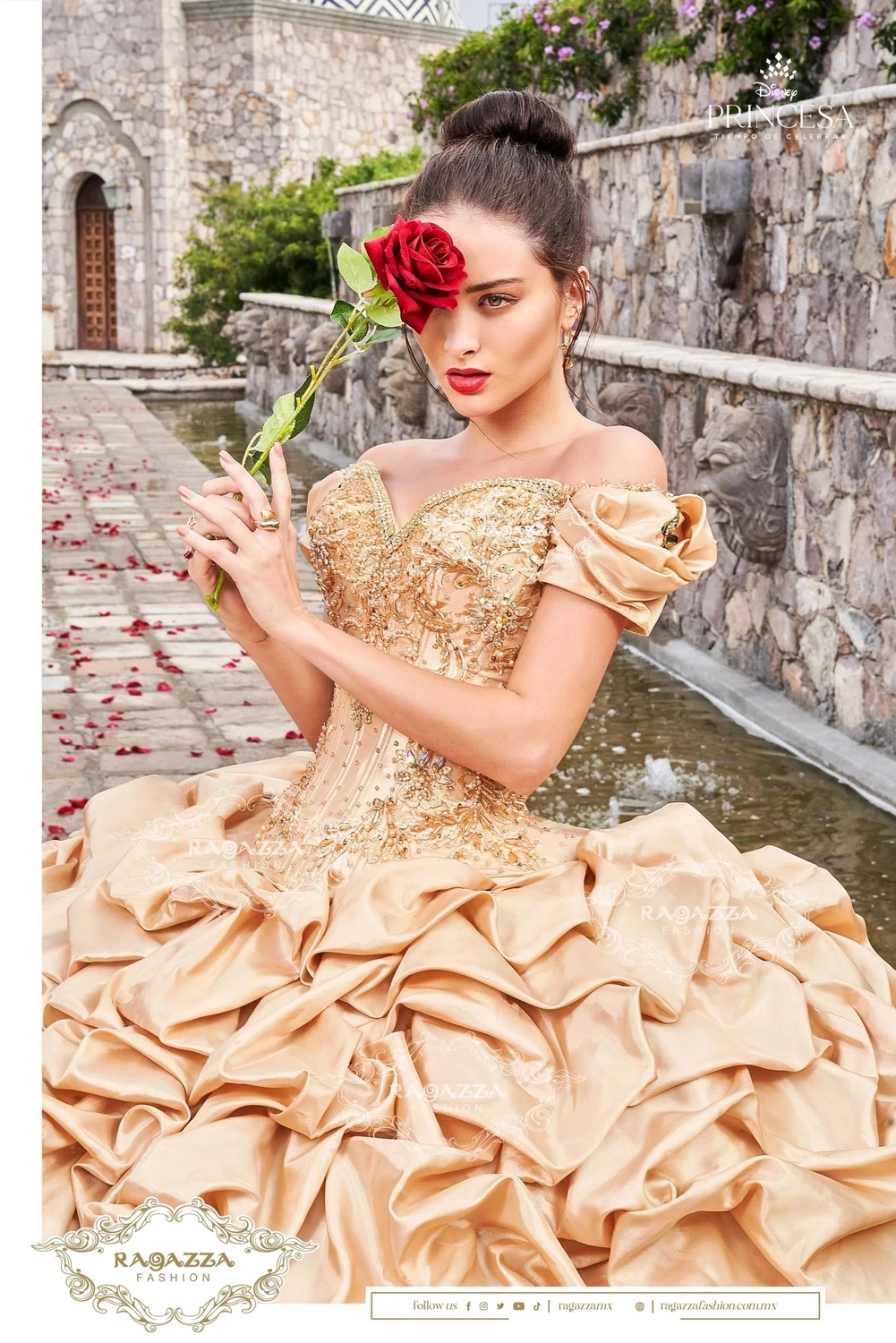 D68 – 568 / GOLD OFF SHOULDER QUINCEANERA DRESS BY RAGAZZA