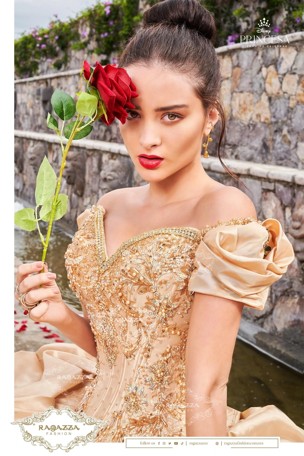 D68 – 568 / GOLD OFF SHOULDER QUINCEANERA DRESS BY RAGAZZA