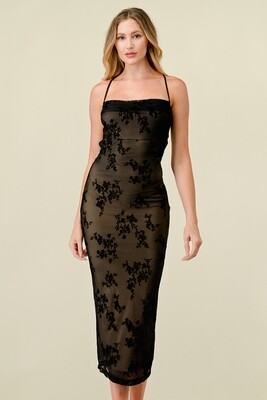 CD41114 Solid Flocking Mesh Crossed Back Midi