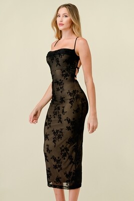 CD41114 Solid Flocking Mesh Crossed Back Midi
