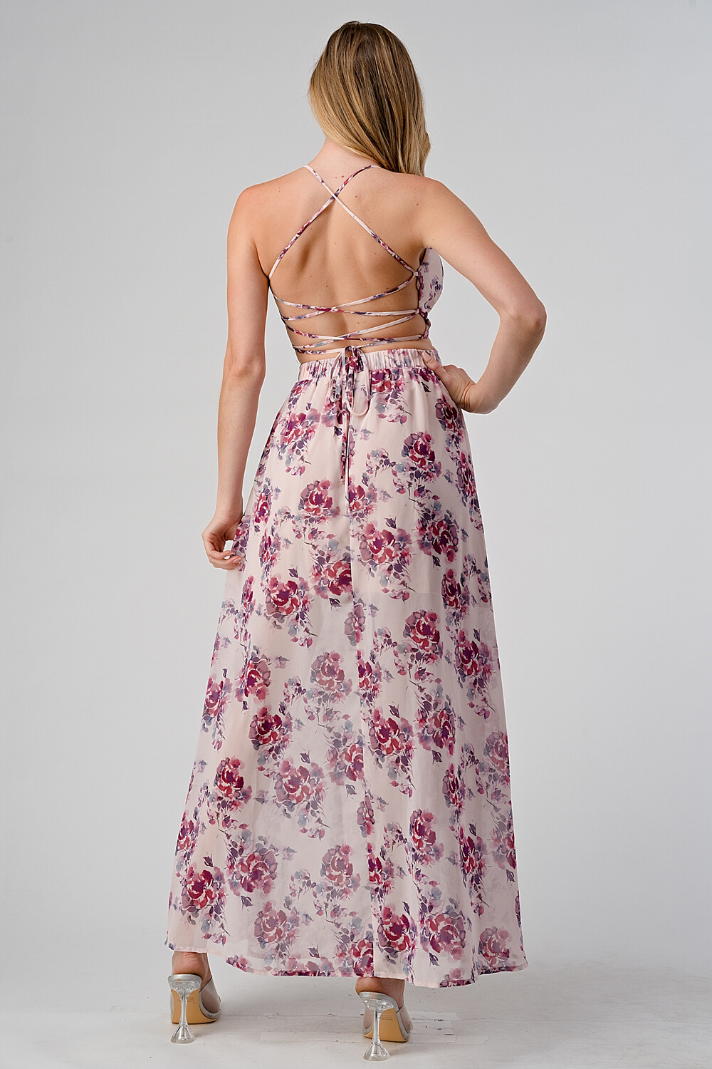 CD40420-1 Floral Print V-Neck Flare Maxi Dress